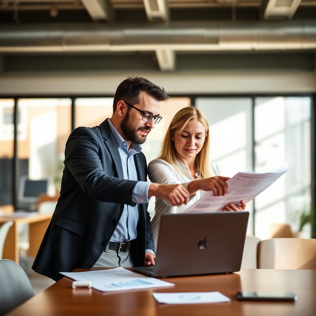 Two colleagues collaborating over a laptop