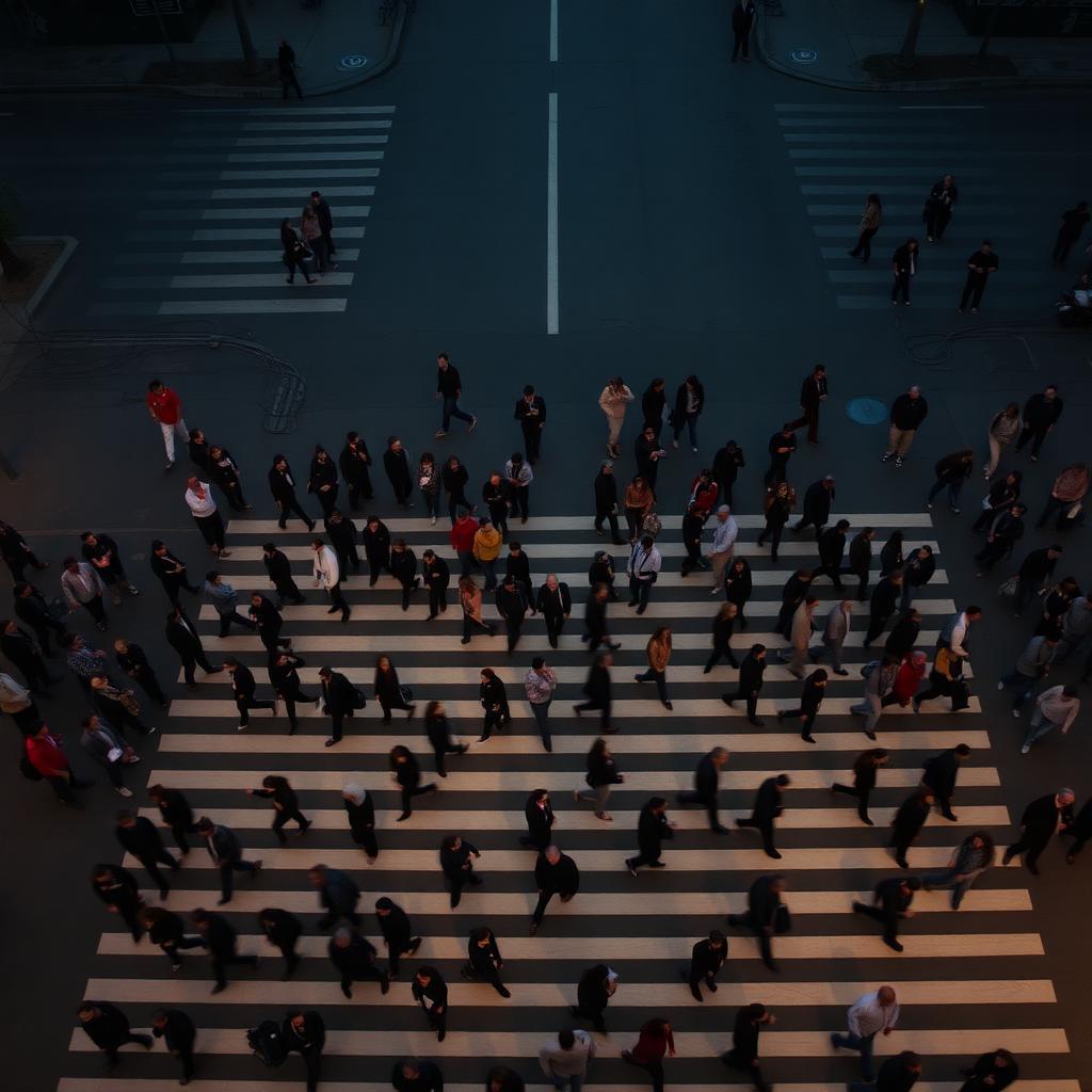 Aerial view of a busy pedestrian crosswalk